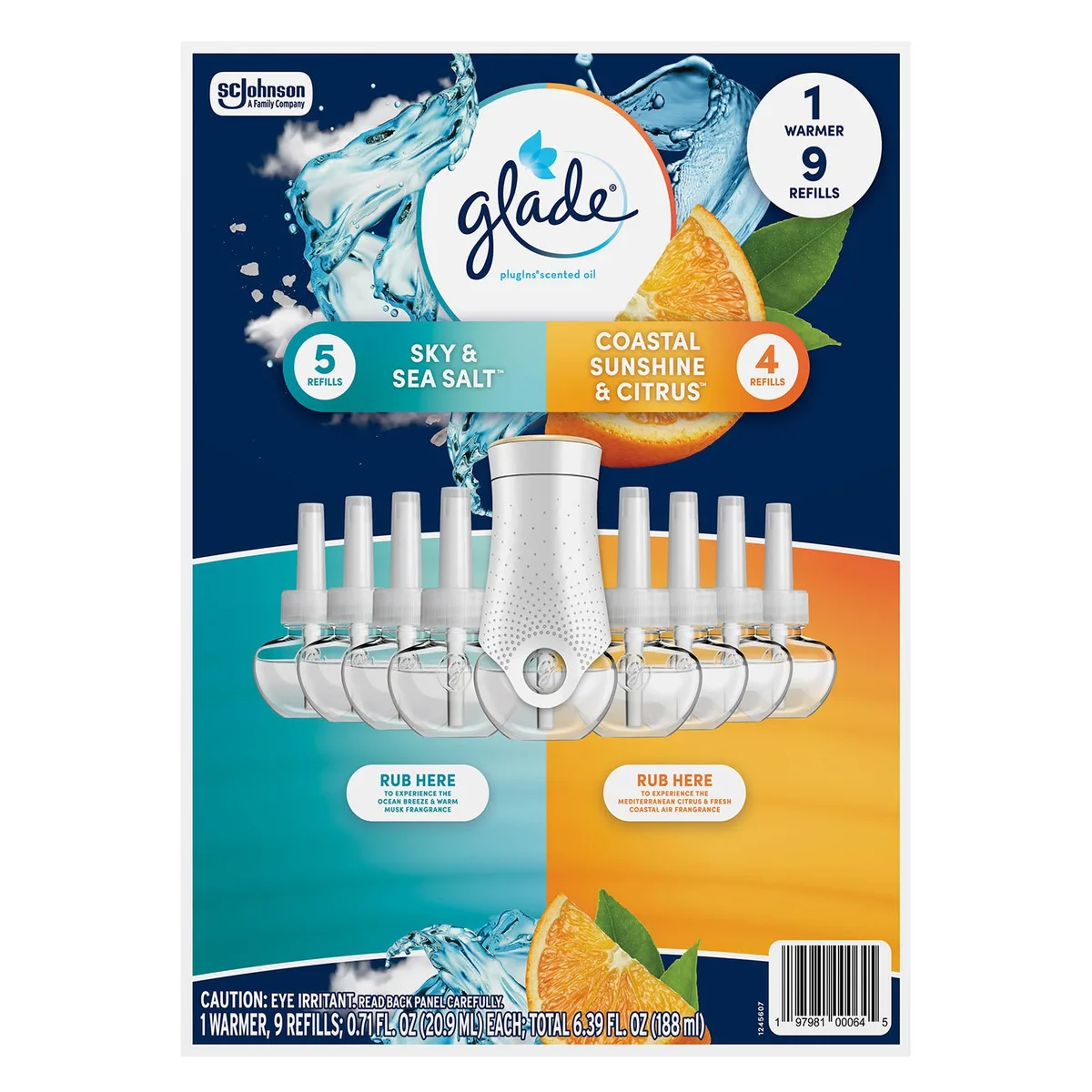 Glade PlugIns Scented Oil, Coastal Citrus Sunshine with Sky & Sea Salt, 1 warmer + 9 refills