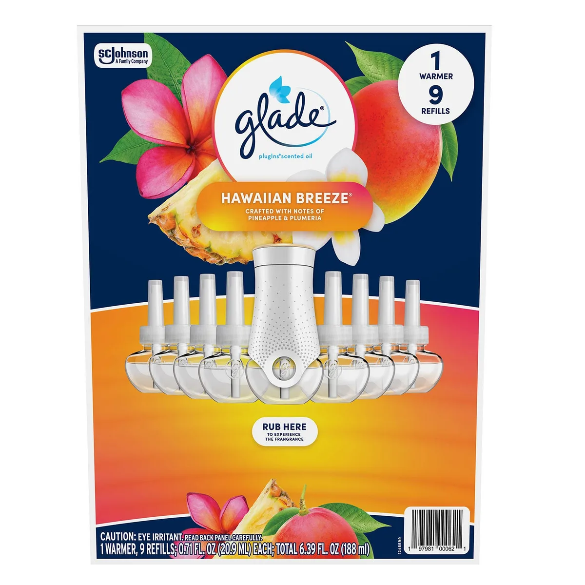 Glade PlugIns Scented Oil, Hawaiian Breeze, 1 warmer + 9 refills