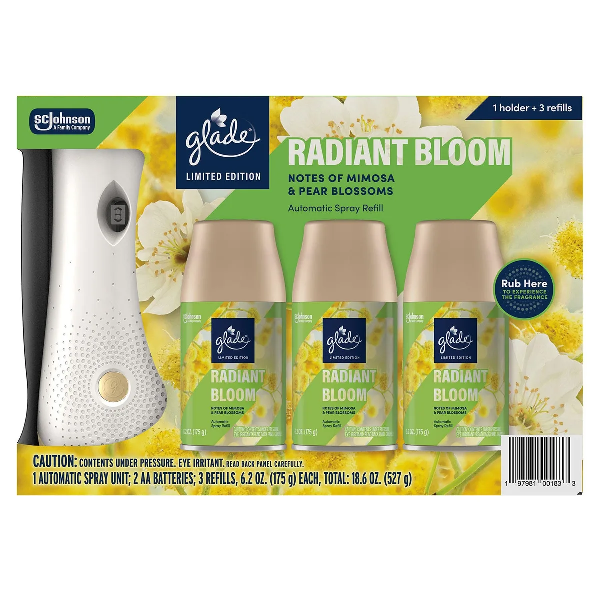 Glade Automatic Spray Air Freshener, Radiant Bloom, 1 Device + 3 Refills, 18.6 oz.