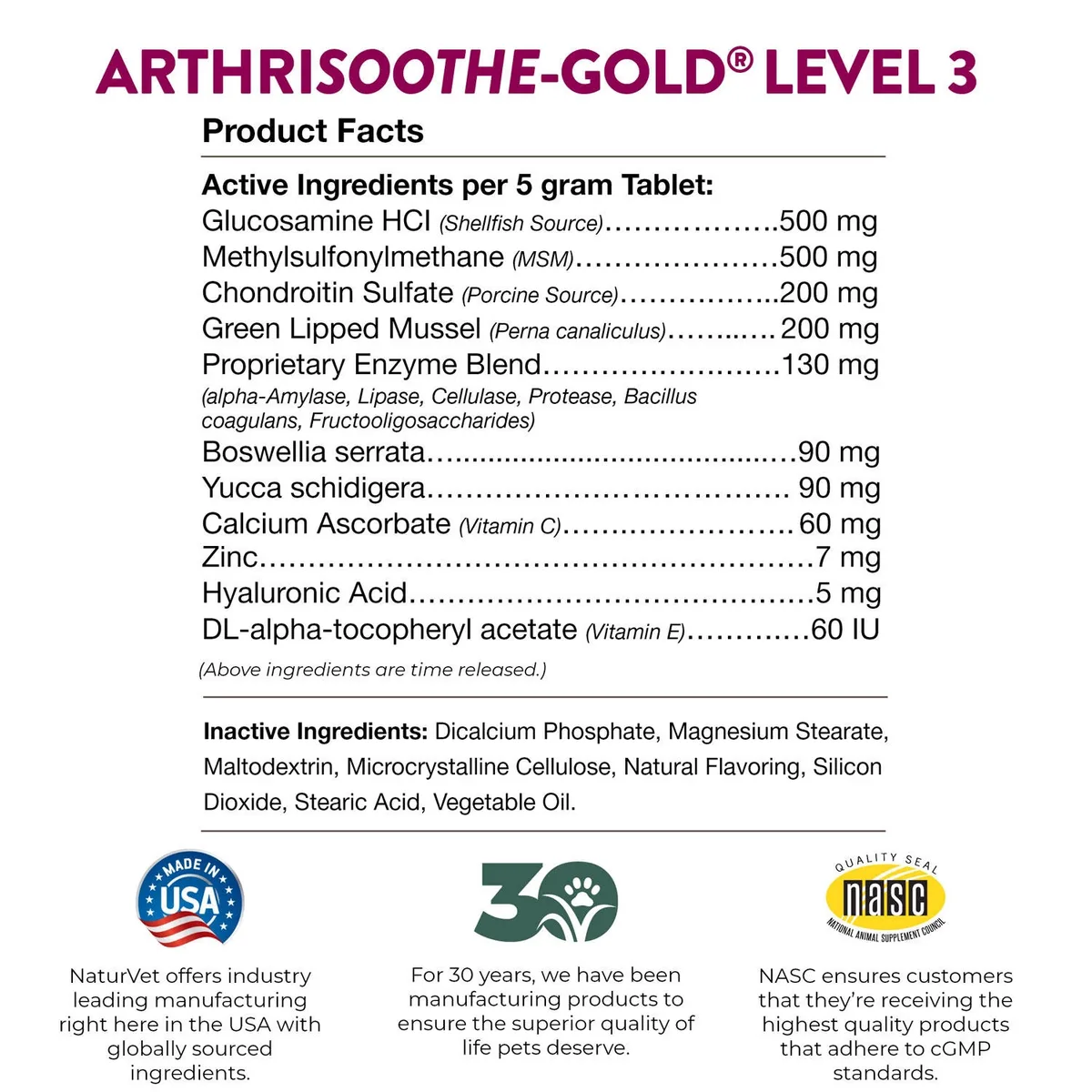 NaturVet ArthriSoothe-GOLD Level 3 Advanced Joint Care Supplements for Dogs and Cats, 240 ct., Choose Type 3