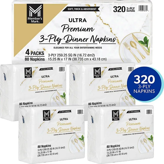 Member's Mark Ultra Premium 3-Ply White Dinner Napkins, 4 pks., 80 napkins/pk. 3