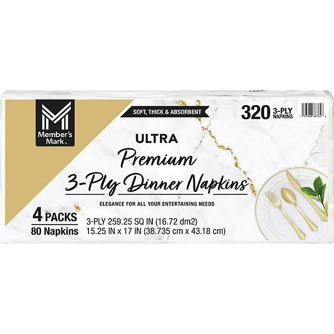 Member's Mark Ultra Premium 3-Ply White Dinner Napkins, 4 pks., 80 napkins/pk. 2