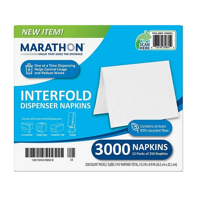 Marathon Interfold 1-Ply White Dispenser Napkins 12 pks., 250 napkins/pk. 2