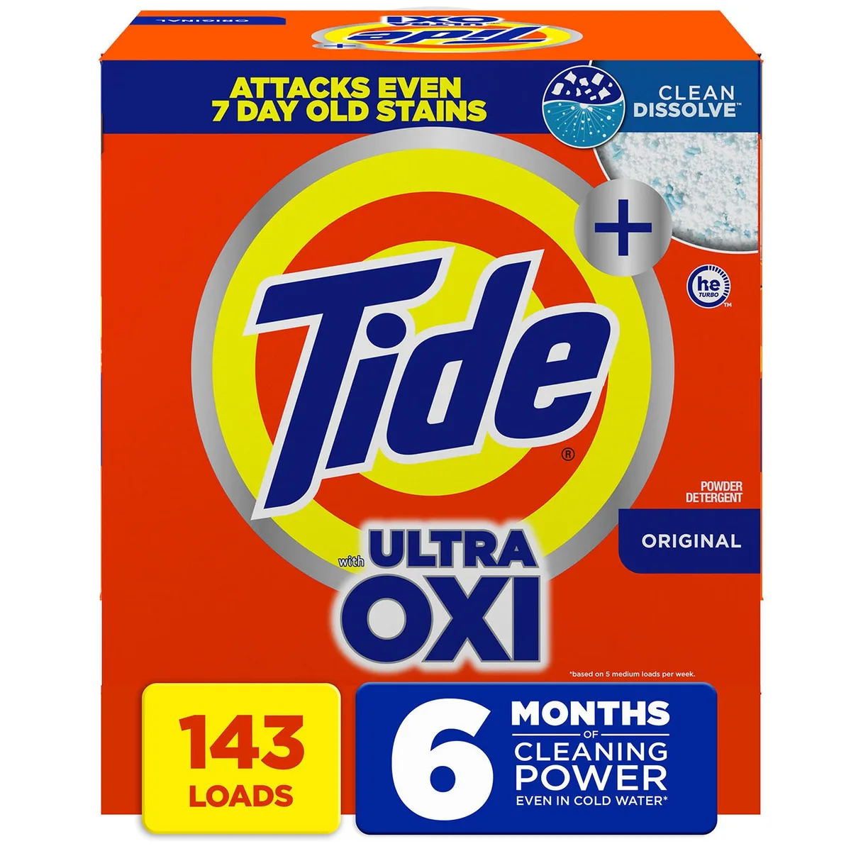 Tide + Ultra Oxi Powder Laundry Detergent, Original, 143 loads, 225 oz.
