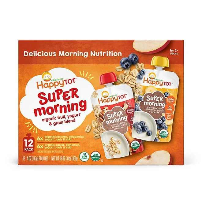 HappyTOT Organics Super Morning Pouch, Apple Cinnamon and Blueberry Banana Variety Pack, 12 ct., 4 oz. 2