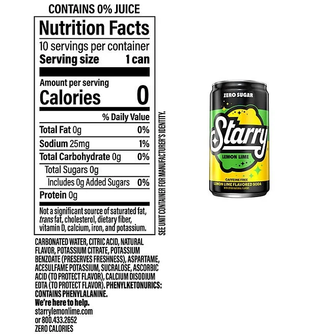 Starry Zero Sugar Lemon Lime Soda Mini Cans, 7.5 fl oz., 30 pk. 3
